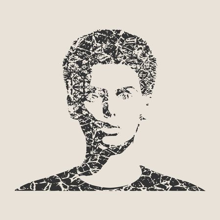 Face front view. Elegant silhouette of a female head. Short hair. Monochrome gamma. Grunge cracked texture avatarのイラスト素材