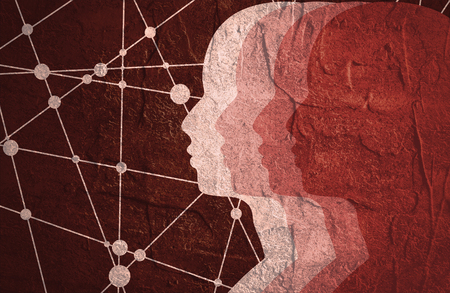 Silhouettes of the head of men. Mental health relative brochure or report design template. Scientific medical designs. Teamwork and communication concept. Connected lines with dots.の写真素材