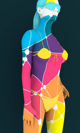 Beautiful sexy fitness girl. Pretty woman wearing pink lingerie and sunglasses textured by low poly pattern. Half turn view. 3d renderingの写真素材