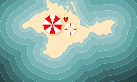 Blue and bright turquoise sea, yellow sand and beach umbrella. Crimea simple map illustration.のイラスト素材