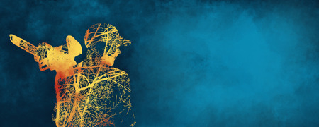 Double exposure of bearded brutal man with chainsaw. Tree branch on body. Textured by watercolor brush strokesの写真素材