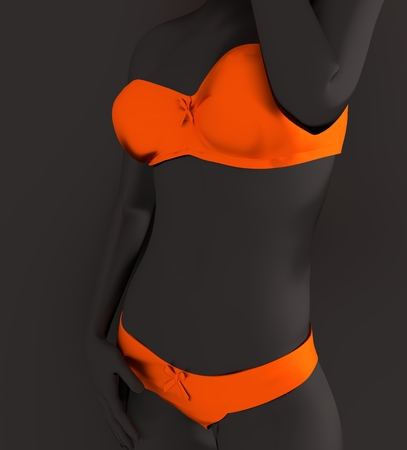 Beautiful sexy fitness girl. Pretty woman wearing orange lingerie. Half turn view. 3d renderingの写真素材