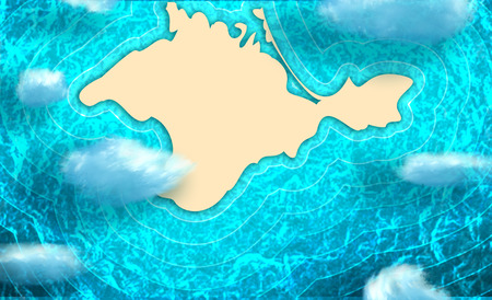 Blue and bright turquoise sea, yellow sand background. Crimea simple map illustration.