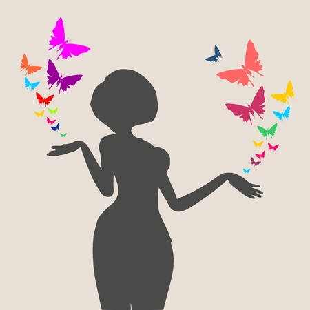 Silhouette of a woman. Butterflies fly out from girls handsのイラスト素材