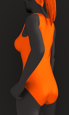 Beautiful sexy fitness girl. Pretty woman wearing orange swimsuit. Back view. 3d renderingの写真素材