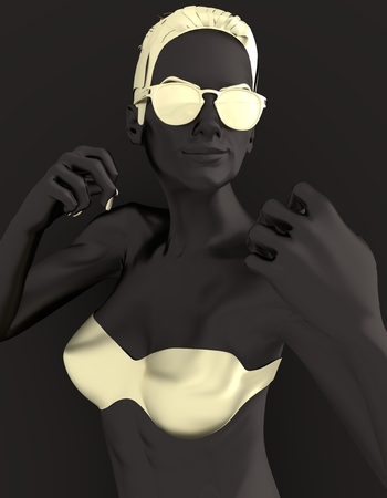 A young woman in fighting pose. Pretty woman wearing bikini and sunglasses. 3d renderingの写真素材