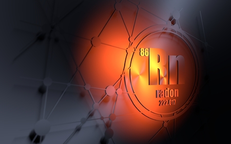 Radon chemical element. Sign with atomic number and atomic weight. Chemical element of periodic table. Molecule and communication background. Connected lines with dots. 3D renderingの写真素材