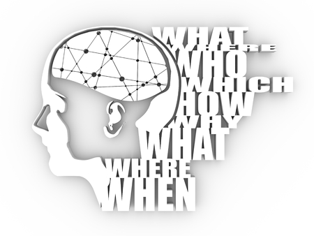 Abstract illustration of a human head with brain. Face silhouette. Connected lines with dots. Questions tags cloud. 3D renderingの写真素材