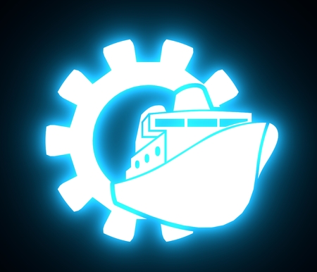 Ferry boat icon in gear. Minimalistic flat sign for graphic design. 3D rendering. Neon bulb illuminationの写真素材