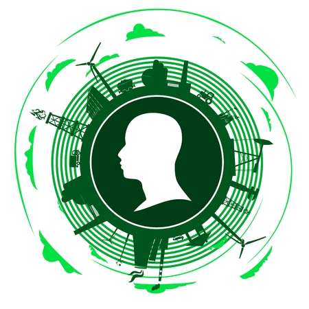 Circle with industry relative silhouettes and head icon. Objects located around the circle. Industrial design background.のイラスト素材