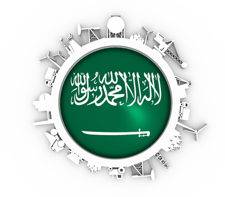 Circle with industry relative silhouettes. Objects located around the circle. Industrial design background. Flag of the Saudi Arabia in the center. 3D renderingの写真素材