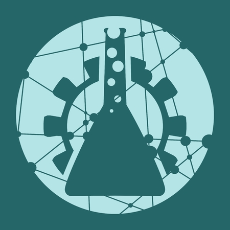 Gear icon and laboratory glass. Round icon with texture from connected lines with dots.のイラスト素材