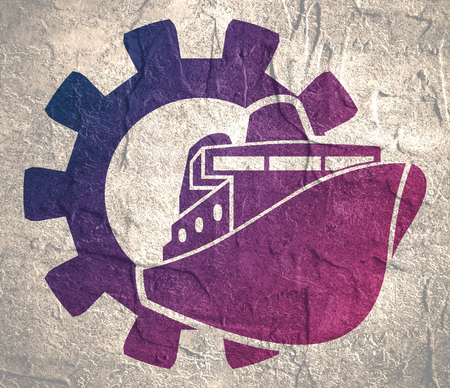 Ferry boat icon in gear. Minimalistic flat sign for graphic design. Grunge textureの写真素材