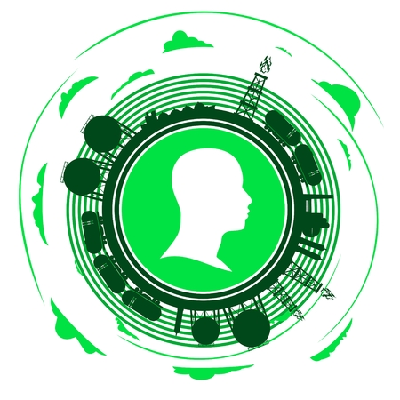 Circle with industry relative silhouettes and head icon. Objects located around the circle. Industrial design background.のイラスト素材