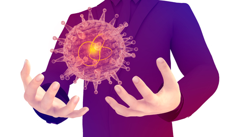 Man holding virus abstract transparent model in hands. Medicine research background. 3D rendering.の写真素材
