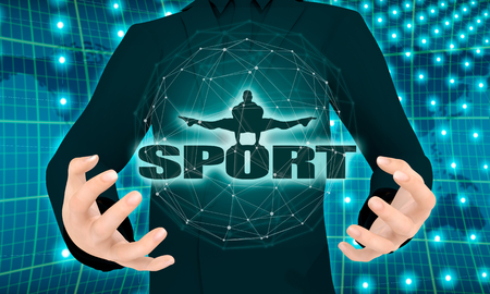 Man holding in hands muscular athlete silhouette on sport word. Molecule and communication background. Connected lines with dots. 3D renderingの写真素材