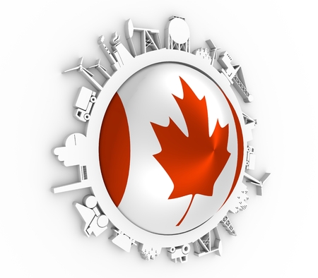 Circle with industry relative silhouettes. Objects located around the sphere. Industrial design background. Flag of the Canada in the center. 3D renderingの写真素材