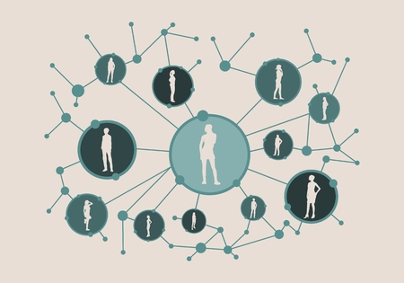 Women social media network. Growth background with lines, circles and integrate female silhouettes. Connected symbols for digital, interactive and global communication concept.のイラスト素材