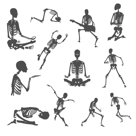 Human skeleton collection. Halloween party design. Silhouettes in various posesのイラスト素材
