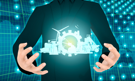 Man holding energy and power icons set in hands. Sustainable energy generation and heavy industry. 3D renderingの写真素材