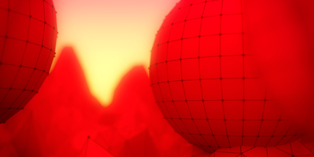 Low poly landscape. 3d illustration. Polygonal mosaic background with spheres covered by grid. Molecule and communication backdropの写真素材