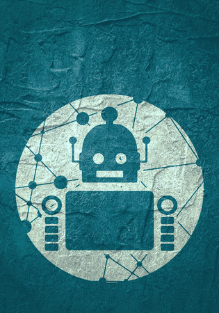 Cute vintage robot. Robotics industry relative image. Round icon with texture from connected lines with dots.の写真素材