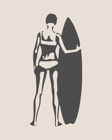 Woman posing with surfboard. Monochrome silhouette. Vintage surfing graphic and emblem for web design or print. Back viewのイラスト素材