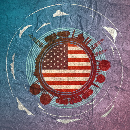 Circle with energy relative silhouettes. Objects located around circle. Flag of the USA in the center of circle. Modern brochure, report or leaflet design template.の写真素材