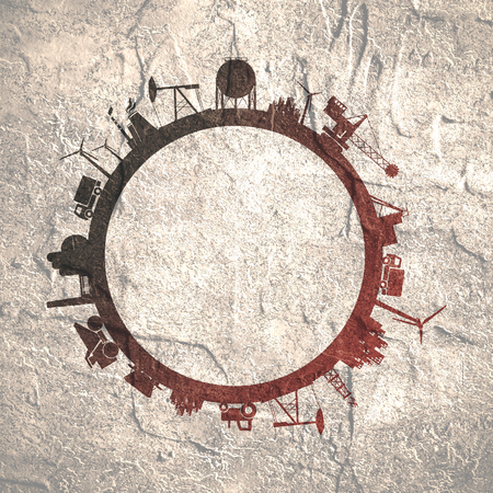 Circle with industry relative silhouettes. Objects located around the circle. Industrial design background. Field for text in the center.の写真素材