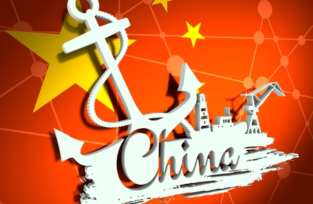 Anchor, lighthouse, ship and crane icons on brush stroke. Calligraphy inscription. China city name text. 3D illustration.の写真素材