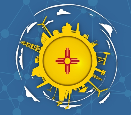 Circle with industry relative silhouettes. Objects located around the circle. Industrial design background. Flag of the New Mexico in the center. 3D renderingの写真素材