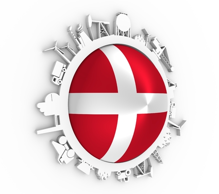 Circle with industry relative silhouettes. Objects located around the circle. Industrial design background. Flag of the Denmark in the center. 3D renderingの写真素材