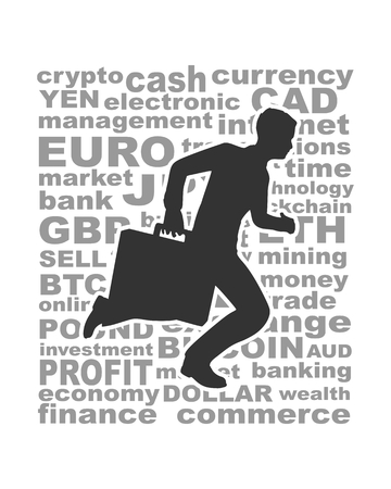 Businessman running with briefcase. Abstract illustration. Modern lifestyle metaphor. Word collage relative to trading.のイラスト素材