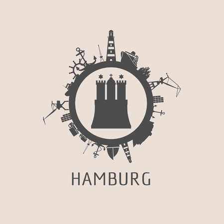 Hamburg poster template with sea shipping and travel related silhouettes in a circleのイラスト素材