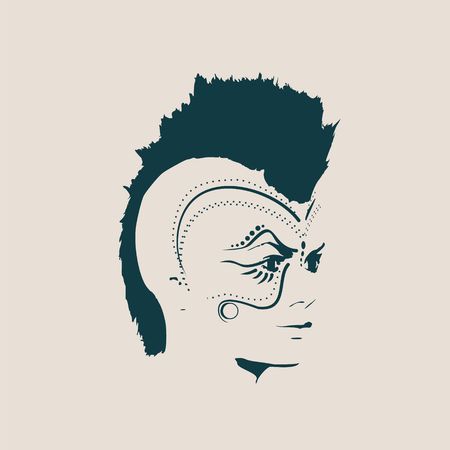Face half turn view. Elegant silhouette of a female head decorated by tattoo. Mohawk hairstyleのイラスト素材