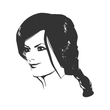 Face half turn view. Elegant silhouette of a female head. Portrait of a happy smiled woman.のイラスト素材