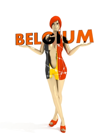 Young lady holding a Belgium country name. 3D rendering. Short elegant dress textured by national flag. Metallic materialの写真素材