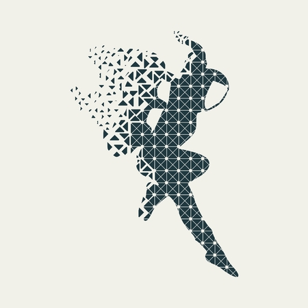 Astronaut in spacesuit. Flying silhouette of a spaceman textured by lines and dots pattern. Particles emission. Fantastic personのイラスト素材