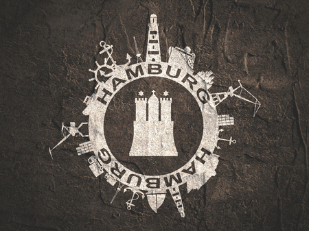 Template with sea shipping and travel relative silhouettes. Hamburg city name text and element from coat of armsの写真素材