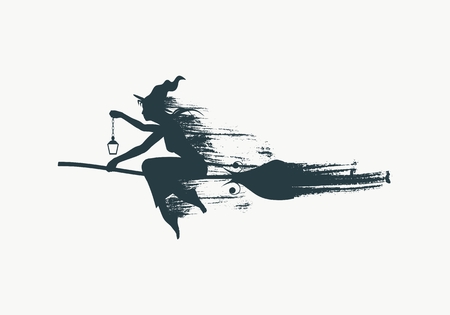 Illustration of flying young witch icon composed of particles. Witch silhouette on a broomstick. Lamp in hand. Halloween relative image.のイラスト素材