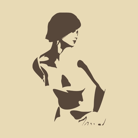 Naked young woman silhouette. Female torso sketchのイラスト素材