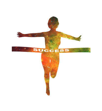 Female runner are crossing the finish tape with success text. Business leaderships concept.  Deep space filled with stars, nebula and galaxy.の写真素材