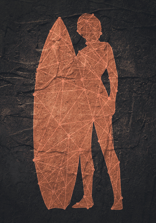 Woman posing with surfboard. Surfing emblem for web design or print. Silhouette textured by lines and dots patternの写真素材