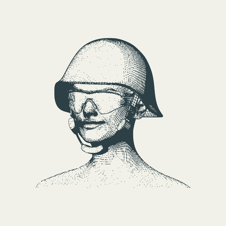 Portrait of a miltary lady. Woman wearing helmet. Vintage engraved illustrationのイラスト素材