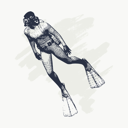 Silhouette of diver. Icon diver. The concept of sport diving. Vintage engraved illustrationのイラスト素材