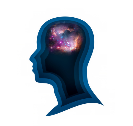 Man avatar profile view. Mental health relative brochure, report or flyer design template. Scientific medical designs. Universe as brains. Elements of this image furnished by NASAの写真素材