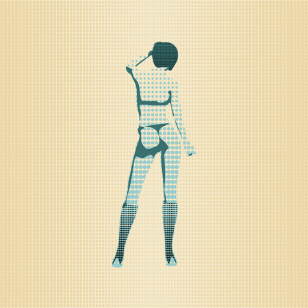 Beautiful sexy fitness girl. Pretty woman wearing lingerie and high boots. Lady rise her hand to the head. Back view. Halftone textureのイラスト素材