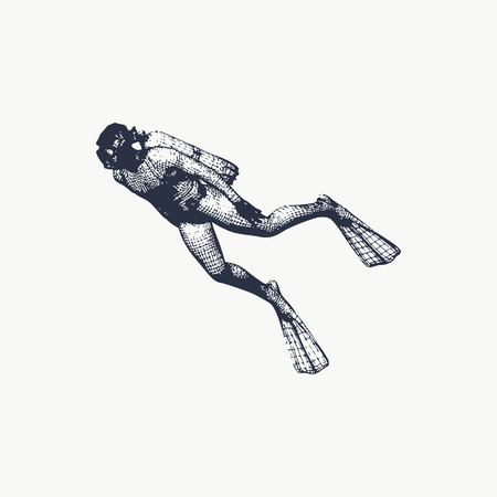 Silhouette of diver. Icon diver. The concept of sport diving. Vintage engraved illustrationのイラスト素材