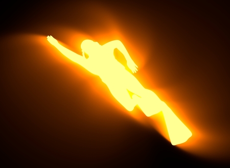 Silhouette of diver. Icon diver. The concept of sport diving. Neon bulb illumination. 3D renderingの写真素材