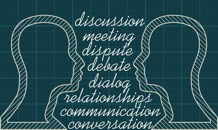 Silhouettes of a humans head. Scientific medical designs. Human communication. Mechanical engineering drawing background. Conversation relative words cloudのイラスト素材